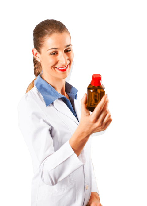 pharmacist holding a bottle smiling